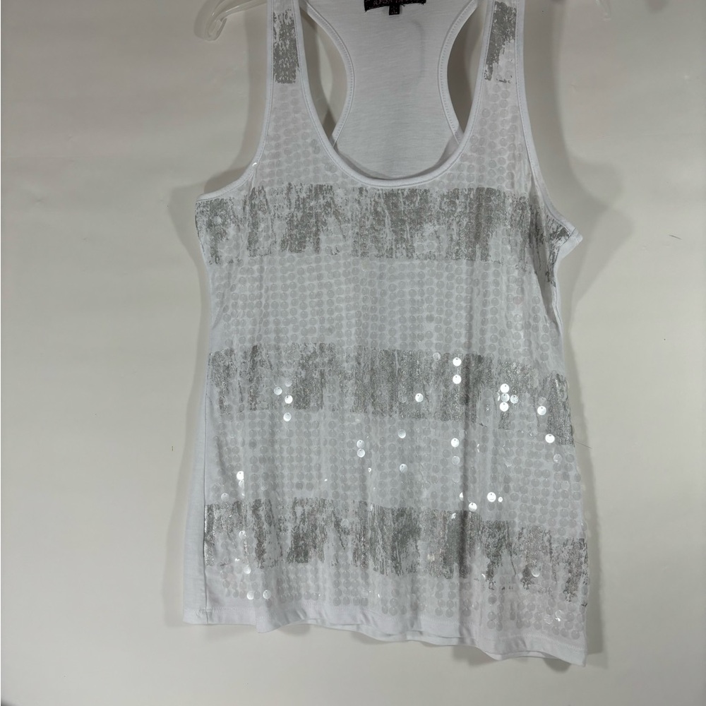 Almost Famous White Tank Top with Silver Bands and Sequins Large NWT